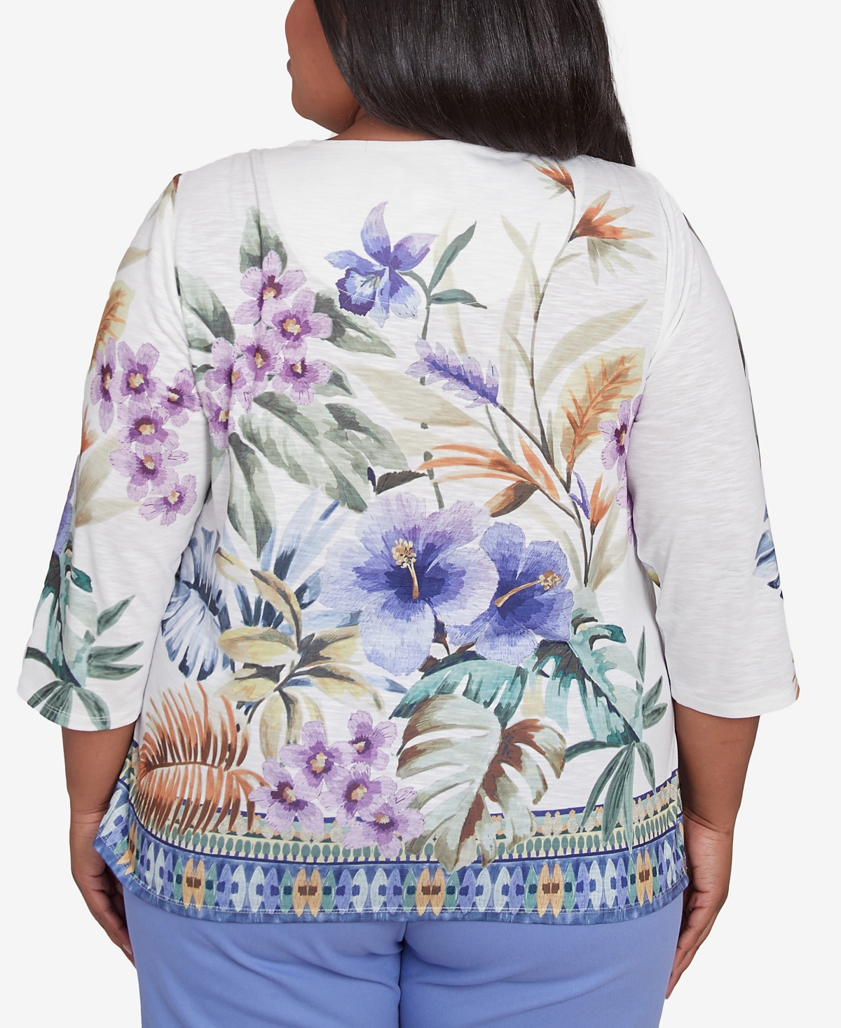 Alfred Dunner Plus Size Santa Fe Tropical Floral Border Top In Aloe Multi