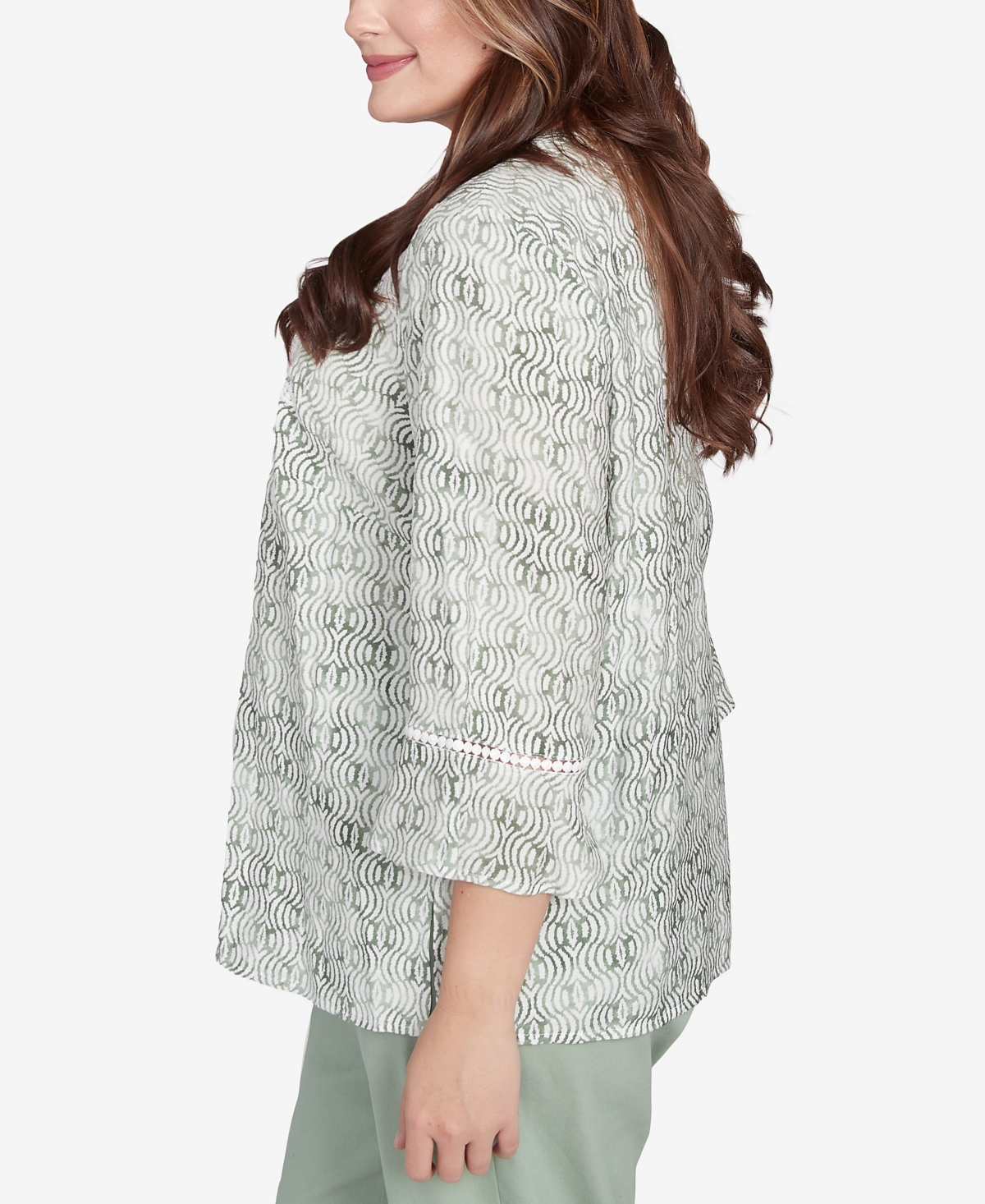 Alfred Dunner Plus Size Santa Fe Embroidered Geometric Flare Sleeve Top In Aloe