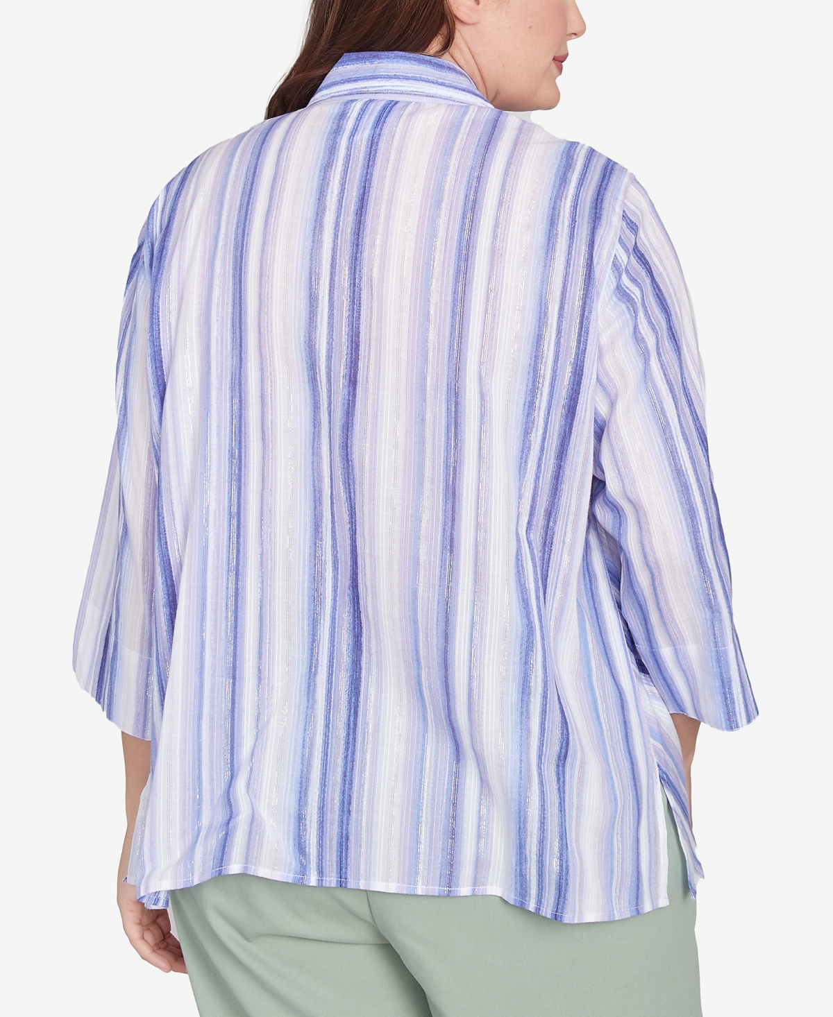 Alfred Dunner Plus Size Santa Fe Mitered Iris Stripe Collared Button Down Top In Iris
