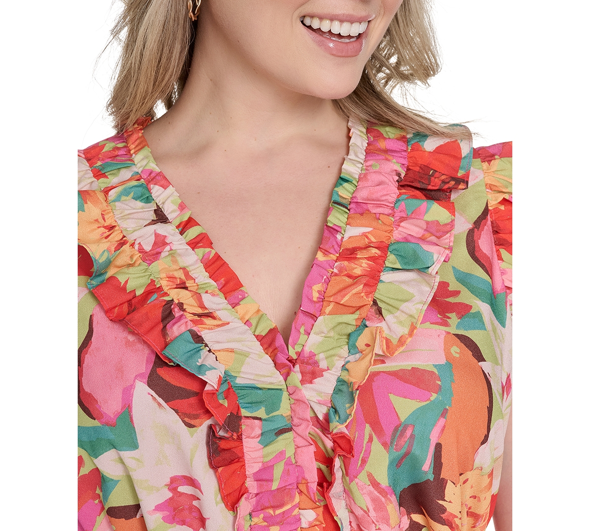 VINCE CAMUTO PLUS SIZE PRINTED RUFFLE FLUTTER-SLEEVE TIERED MIDI DRESS 