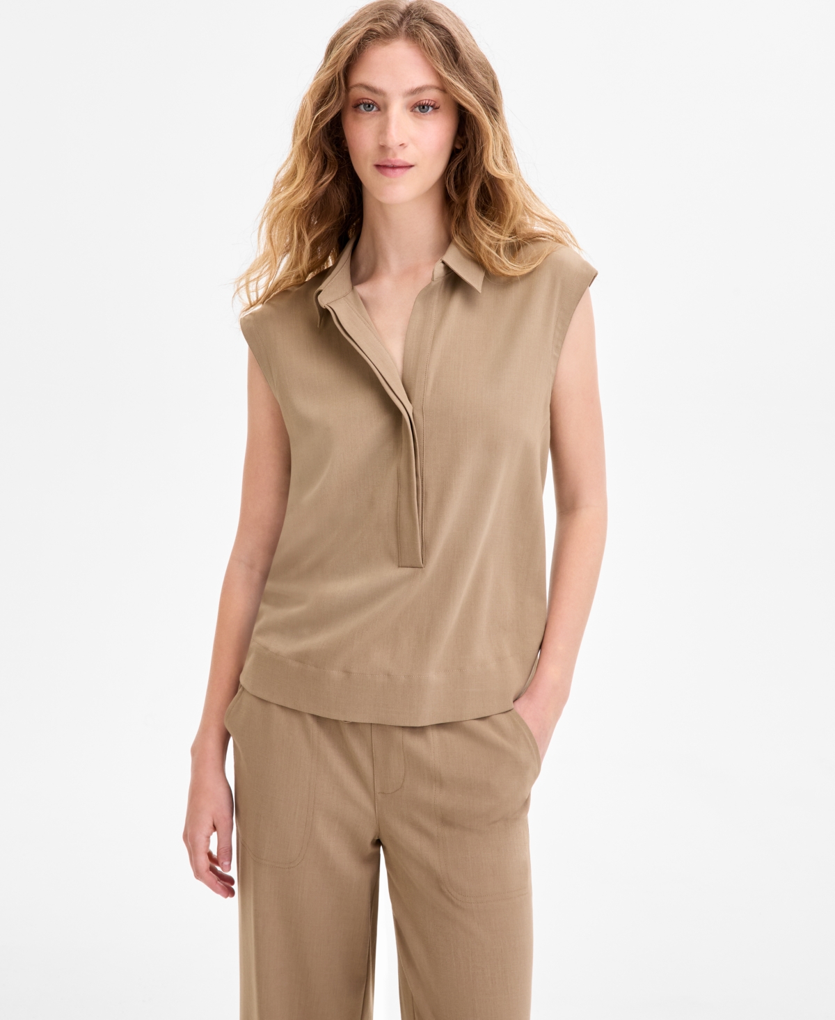 Liverpool Los Angeles Womens Sleeveless Collared Elastic Back Top Pull On Wide Leg Crop Pants In Brown