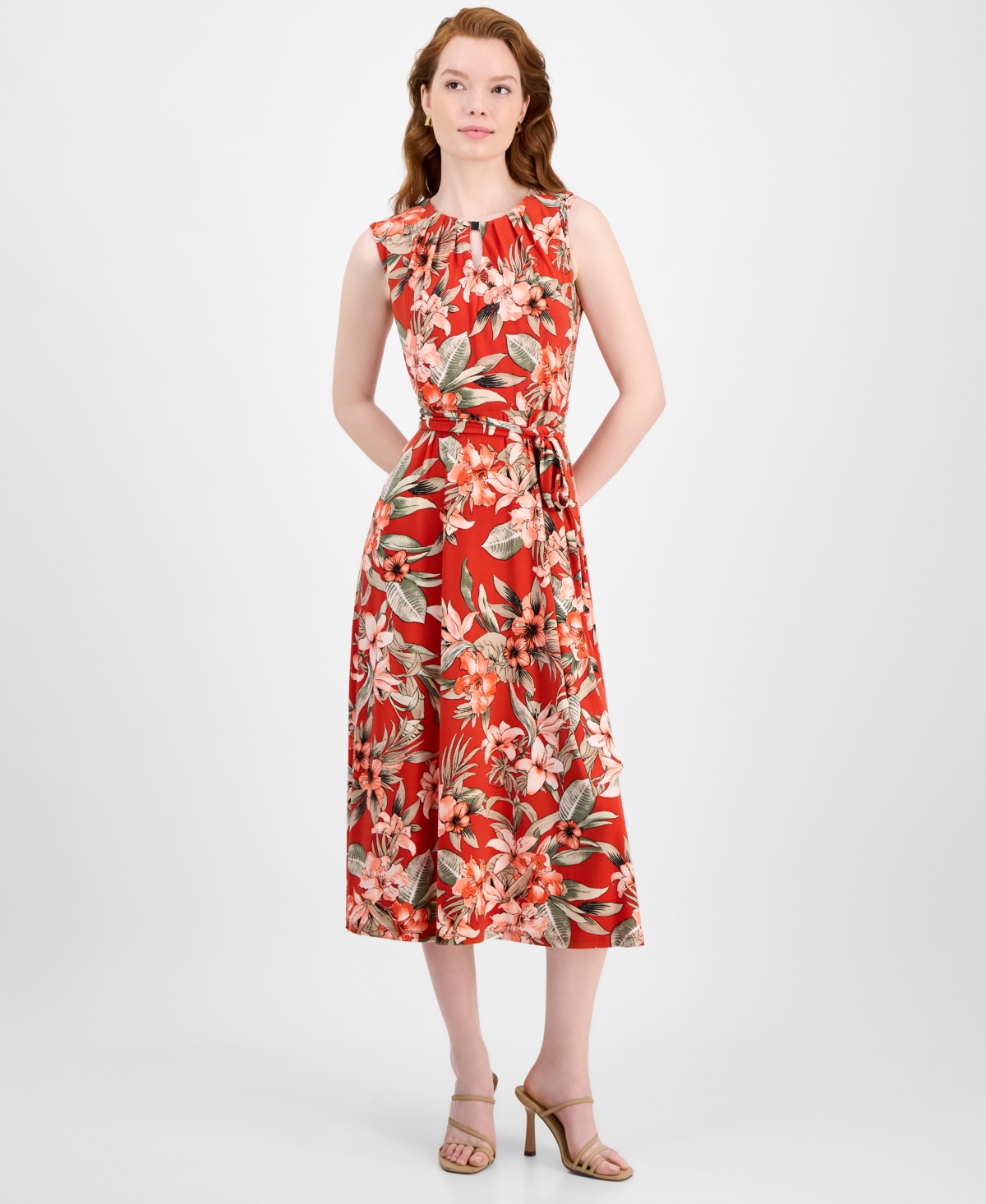 Printed Tie-Waist Midi Dress, Regular & Petite Sizes - Deep Valencia Multi