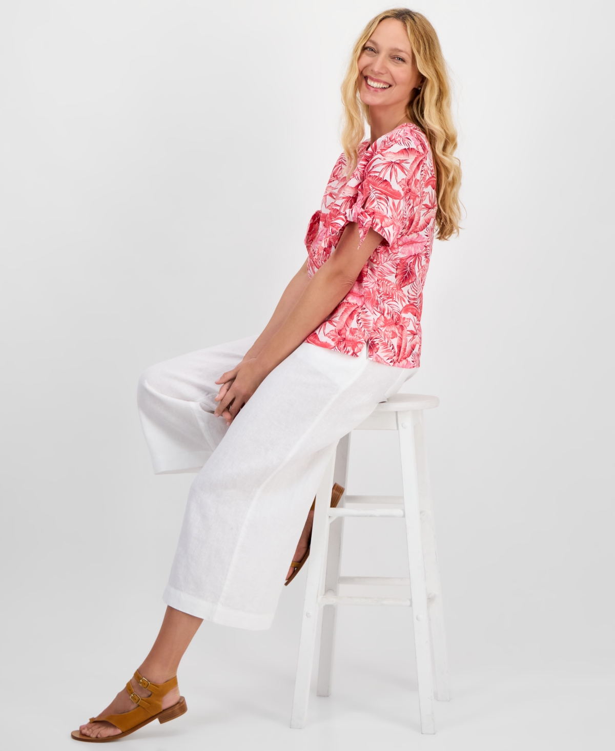 CHARTER CLUB WOMEN'S PALM-PRINT 100% LINEN TIE-SLEEVE TOP, EXCLUSIVELY AT MACY'S 