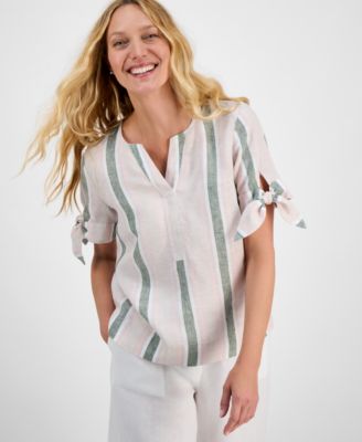 Charter Club - Women's Striped 100% Linen Tie-Sleeve Top, Exclusively at Macy's