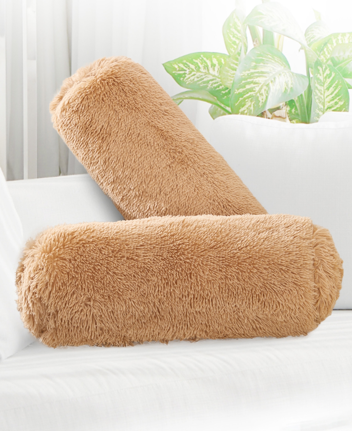 Cheer Collection Shaggy Bolster Decorative Pillow Set, 8" X 24" In Brown