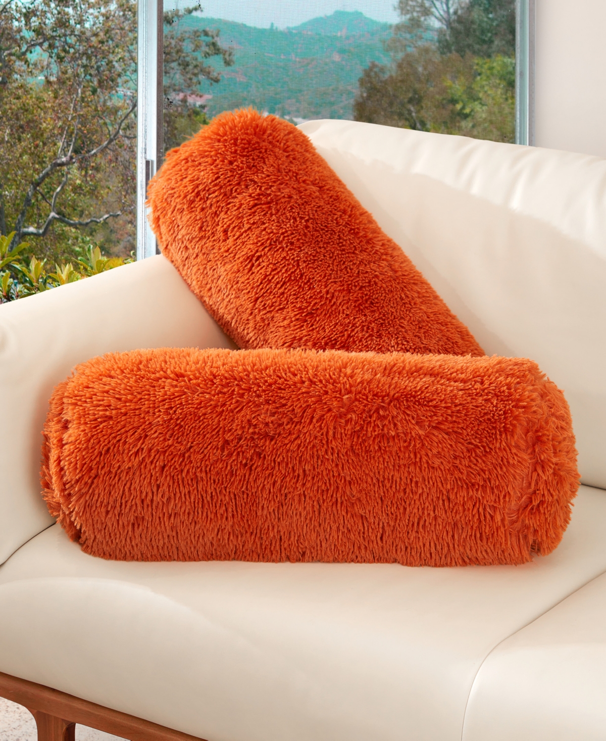 Cheer Collection Shaggy Bolster Decorative Pillow Set, 8" X 24" In Orange