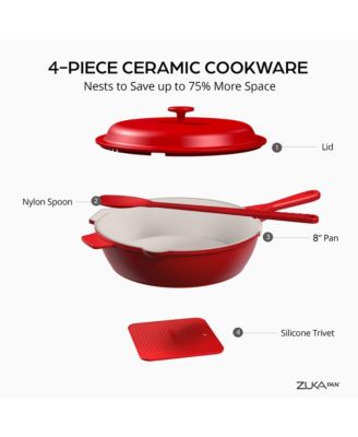Zuka Ceramic 1.25 Qt. Ceramic 10 in 1 Nonstick Multi-Functional Saute Pan with Lid, Nylon Spoon
