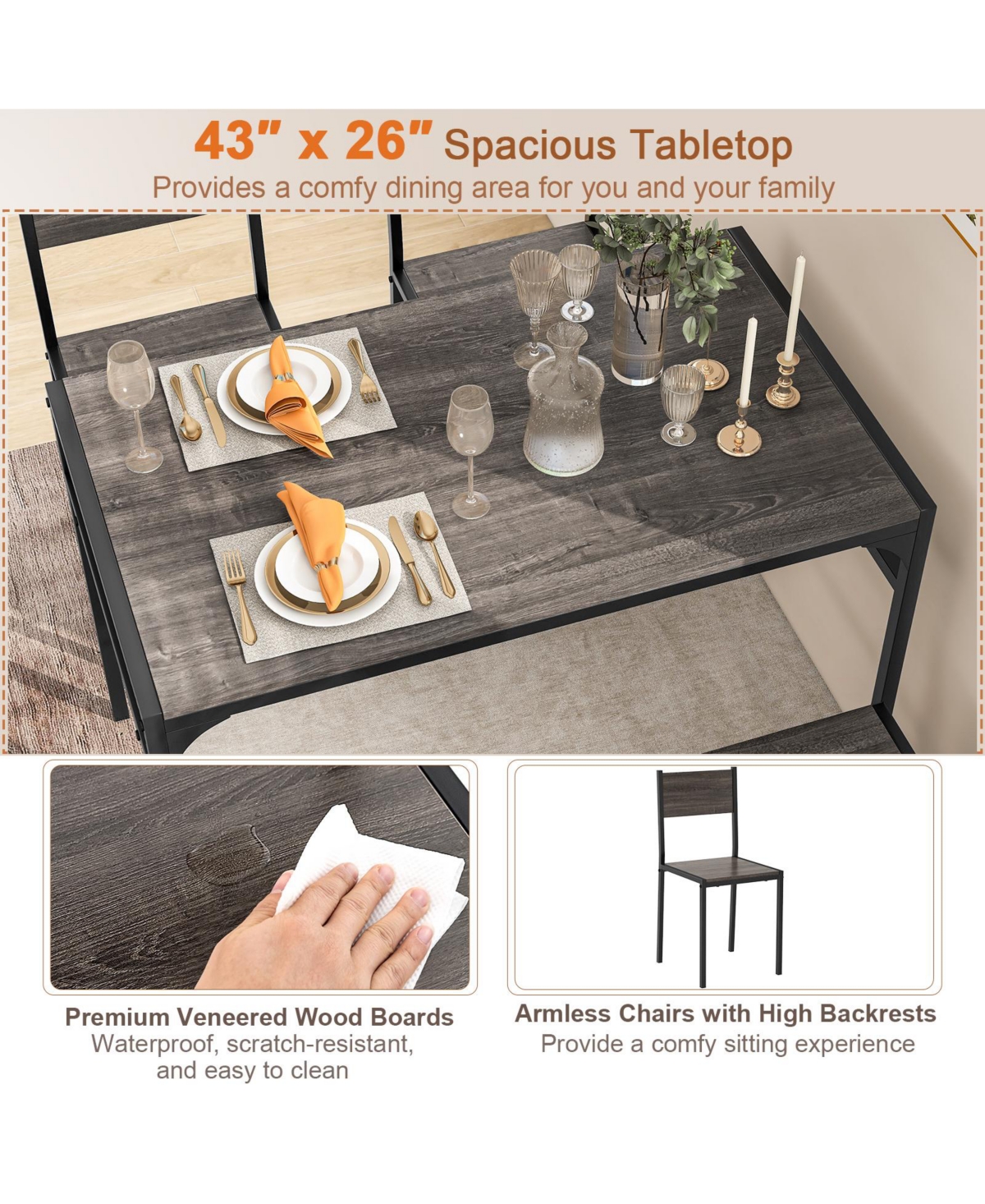 Industrial Style Rectangular Kitchen Table with Bench and Chairs