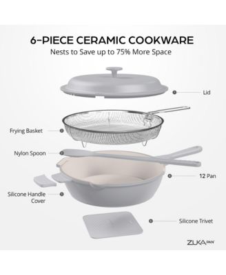 Zuka Everyday Pan 4.25 Qt. Ceramic 10 in 1 Nonstick Multi-Functional Saute Pan with Lid, Nylon Spoon, & Steamer Basket