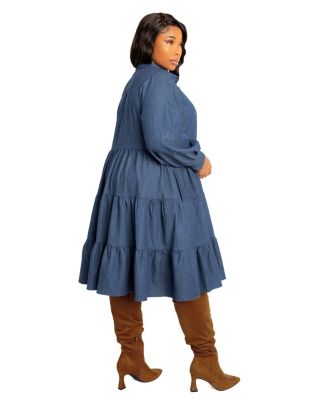 Plus Size Denim Long Sleeve Tiered Shirt Dress