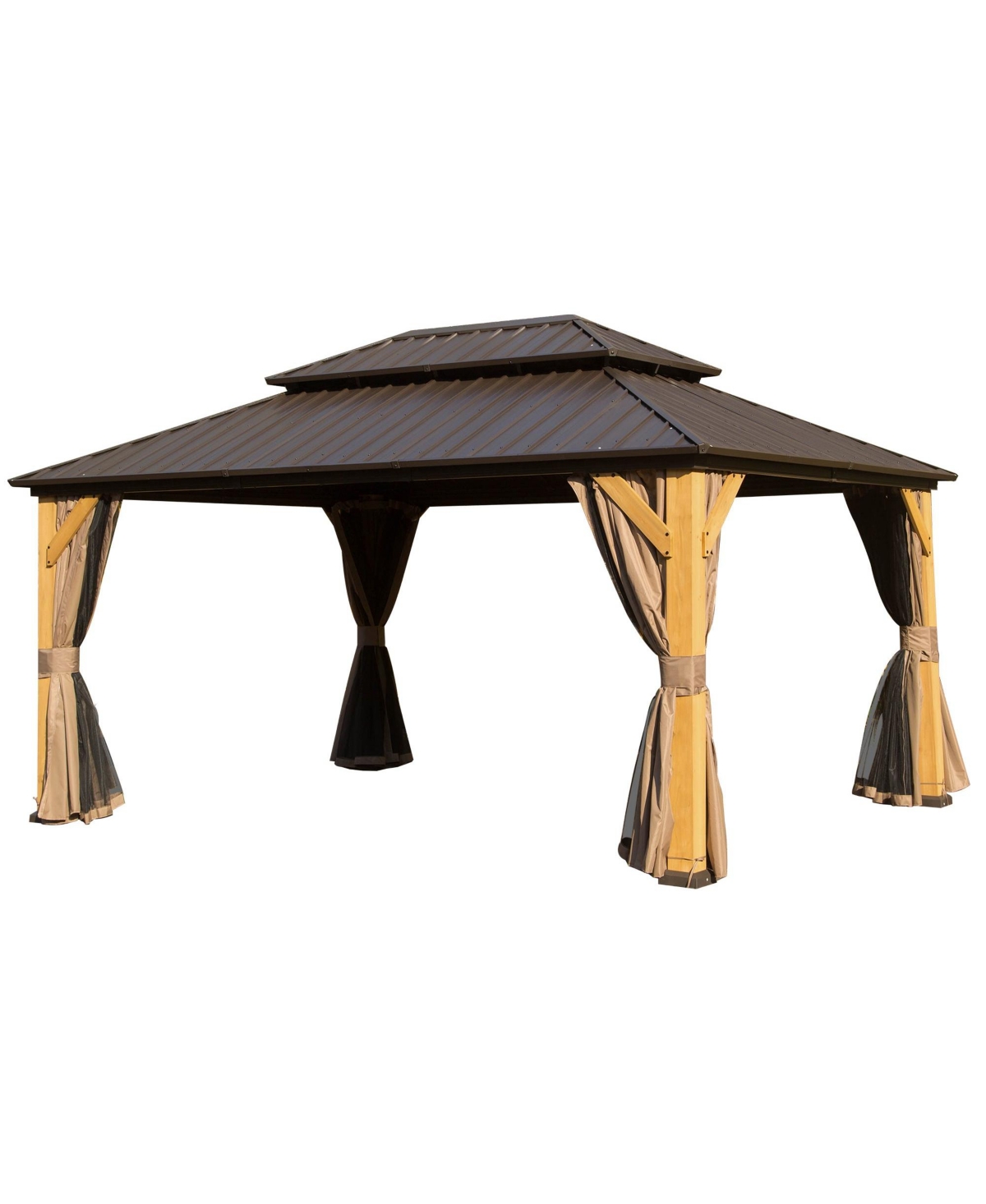10x14FT Cedar Wood Gazebo, Solid Wood Hardtop Gazebo with Galvanized Steel Double Roof, Netting & Curtains, Outdoor Gazebo for Patio, Backyard, Deck,