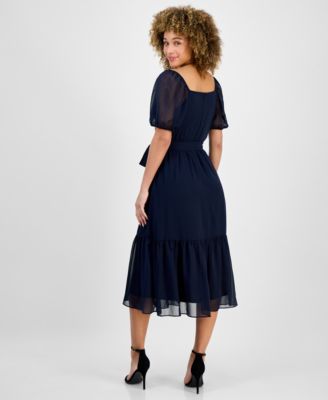 Women's Puff-Sleeve Belted Midi Dress