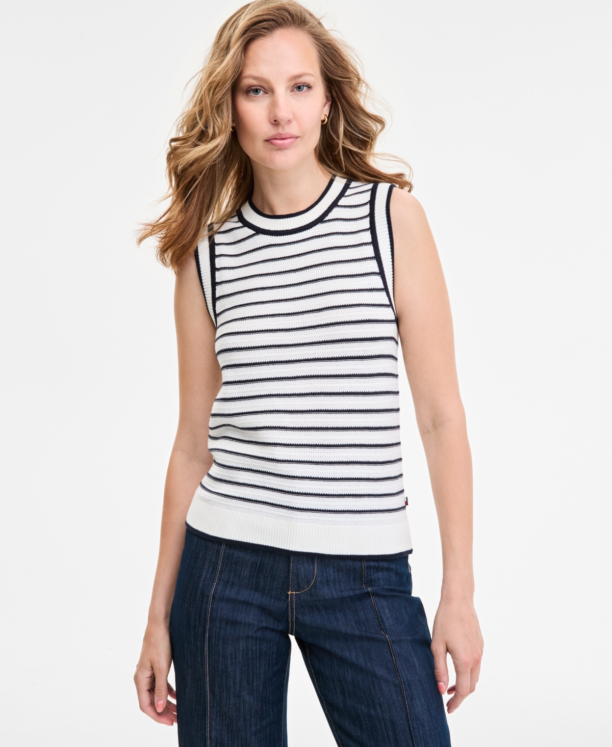 Women's Striped Basket-Weave Sleeveless Shell Sweater - Ivory Multi