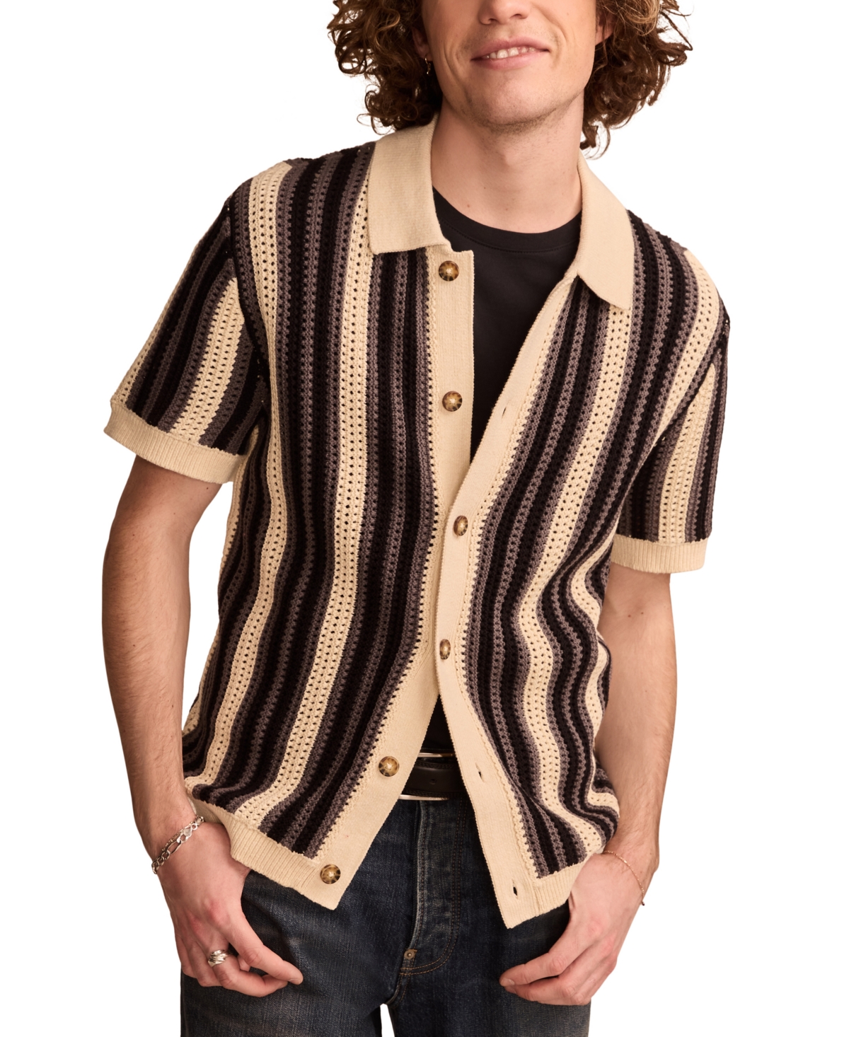 LUCKY BRAND MEN'S SHORT SLEEVE STRIPED CARDIGAN SWEATER 