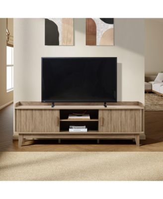 63" Oak Mid-Century Modern Tambour-Style TV Stand with Tray Top & 2 Doors