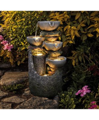 Gray 4-Bowl and 5-Tier 2.1-Feet Tall Outdoor Polyresin Fountain with Lights