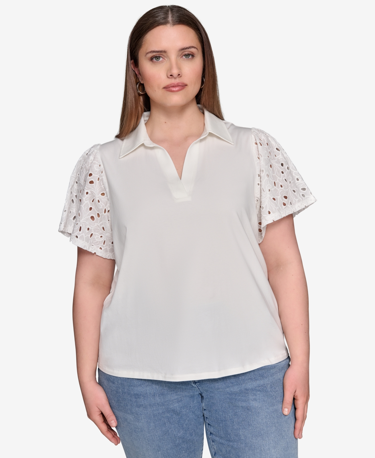 Karl Lagerfeld Plus Size Mixed-media Eyelet Top
