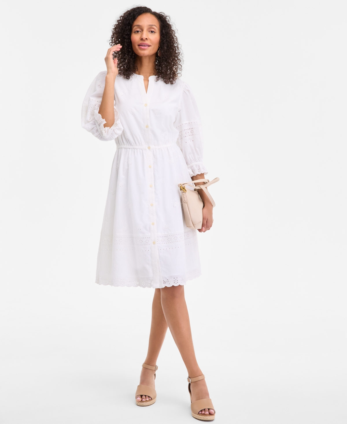Style & Co Women's 3/4 Sleeve Eyelet Cotton Dress, Exclusively At Macy's