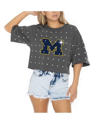 Women's Gray Michigan Wolverines Go Time Rhinestone Crop T-Shirt
