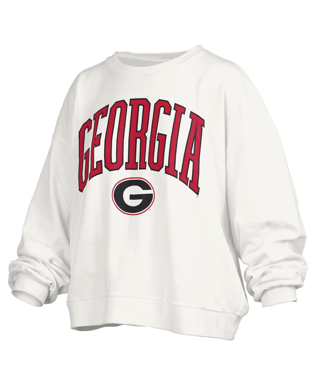 PRESSBOX WOMEN'SÂ WHITE GEORGIA BULLDOGS JANISE ARCH OVER LOGO WAIST LENGTH OVERSIZED PULLOVER SWEATSHIRT 