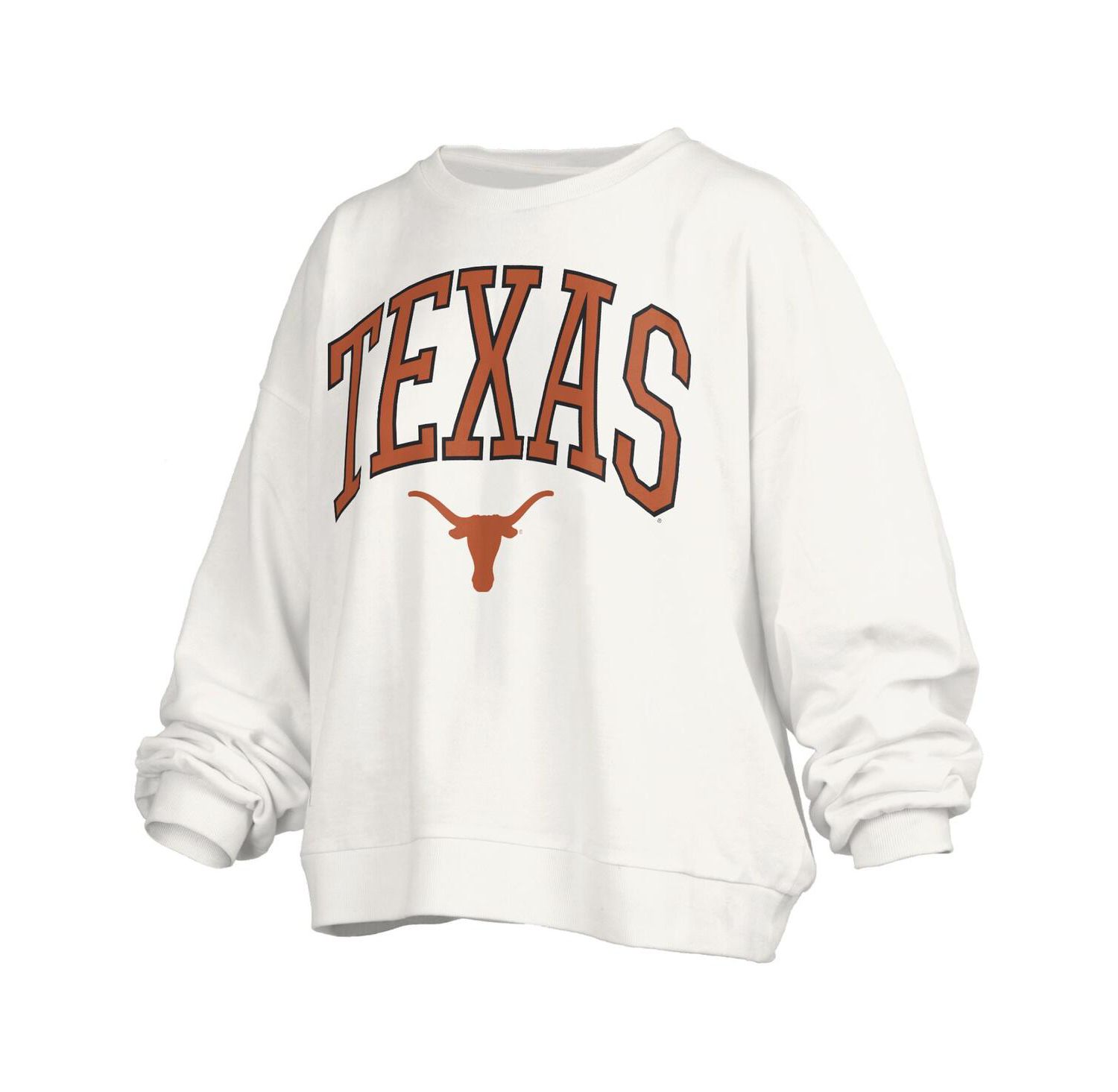 Women's White Texas Longhorns Janise Arch Over Logo Waist Length Oversized Pullover Sweatshirt