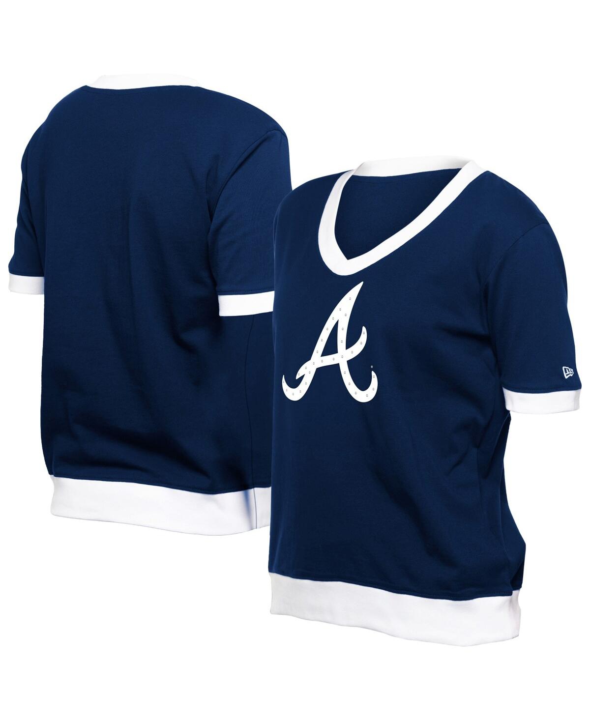 NEW ERA WOMEN'SÂ NAVY ATLANTA BRAVES GAME DAY RHINESTONE V-NECK T-SHIRT 
