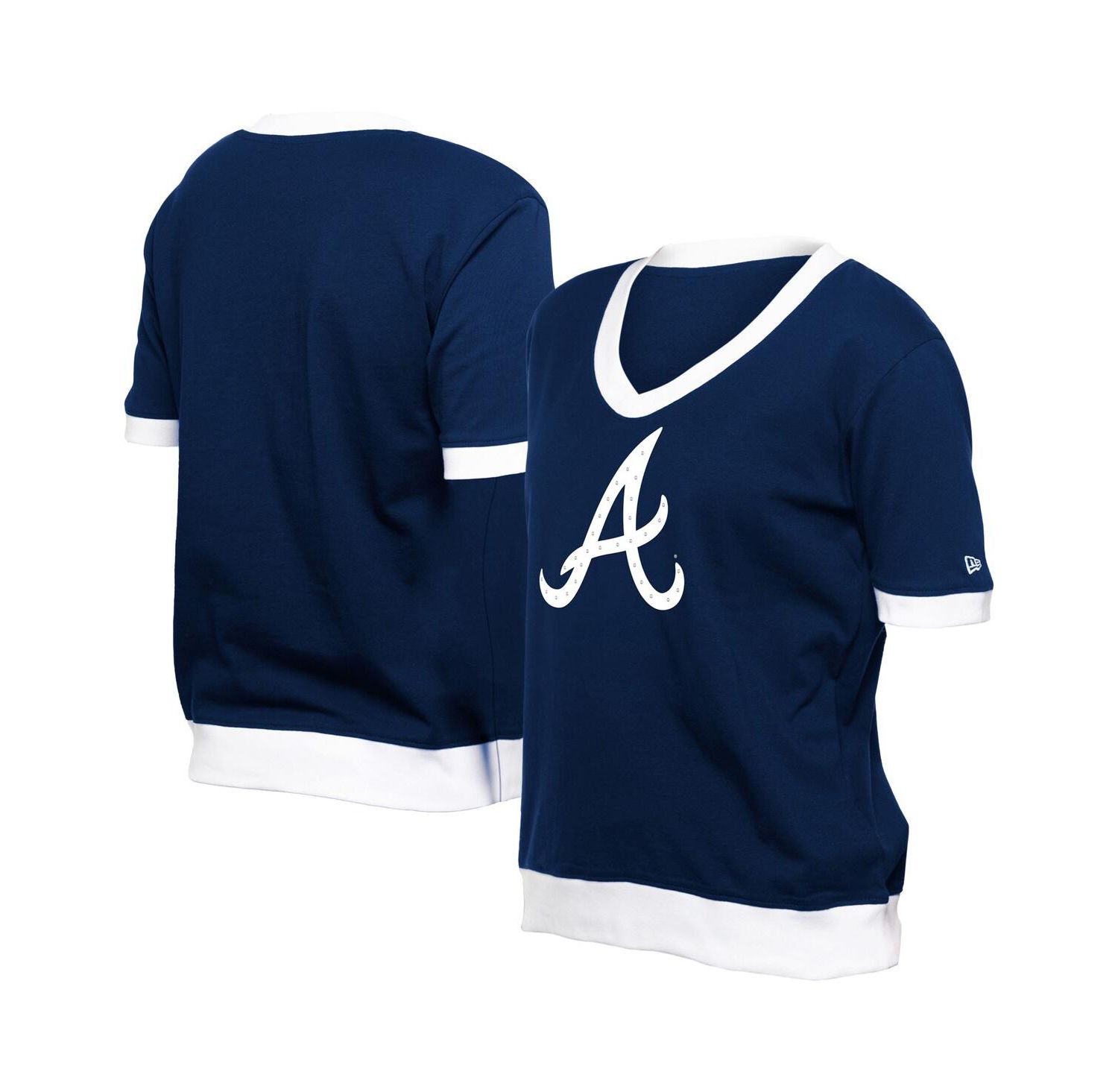 Women's Navy Atlanta Braves Game Day Rhinestone V-Neck T-Shirt