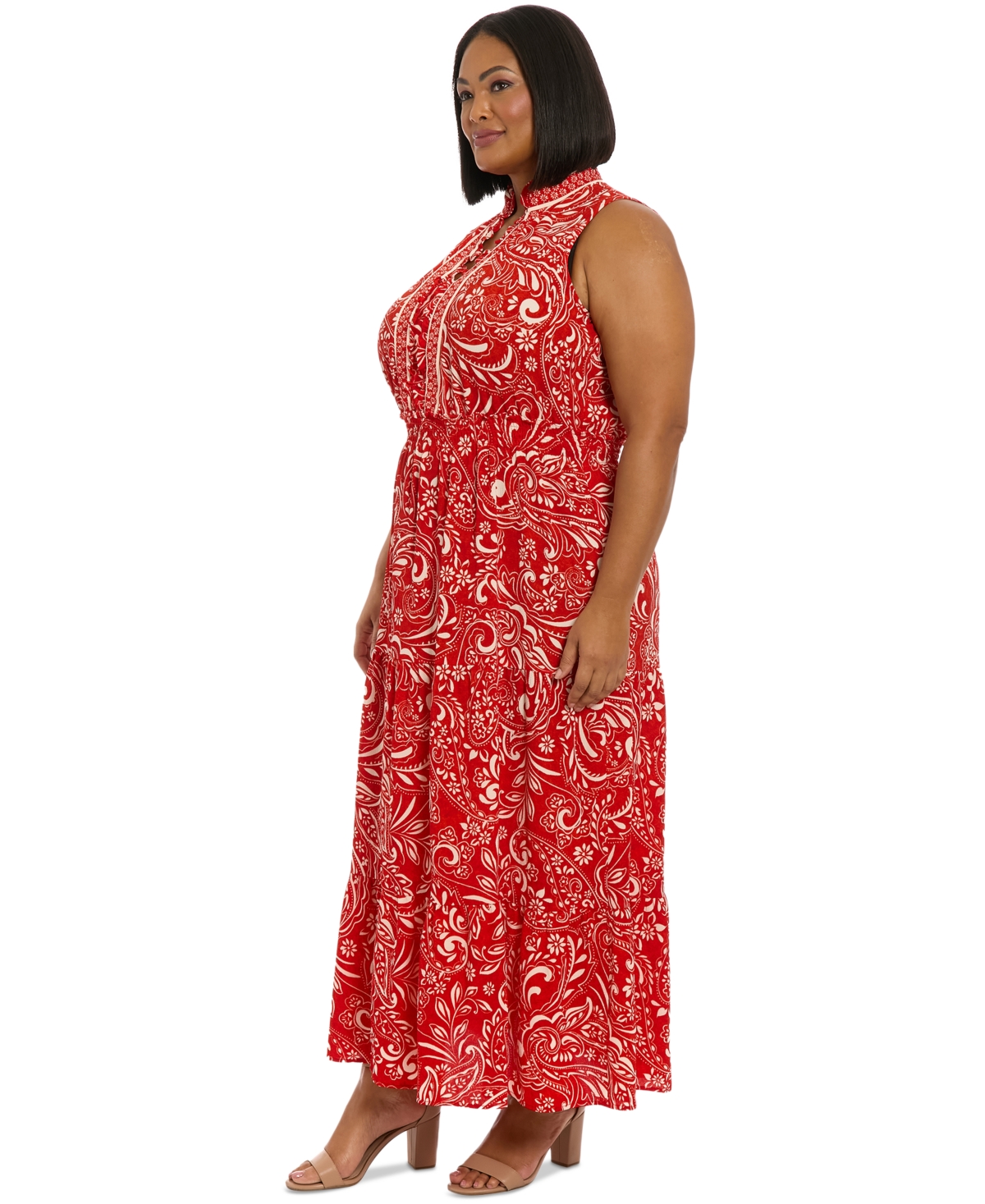 London Times Plus Size Ruffled-neck Tiered Maxi Dress In Red