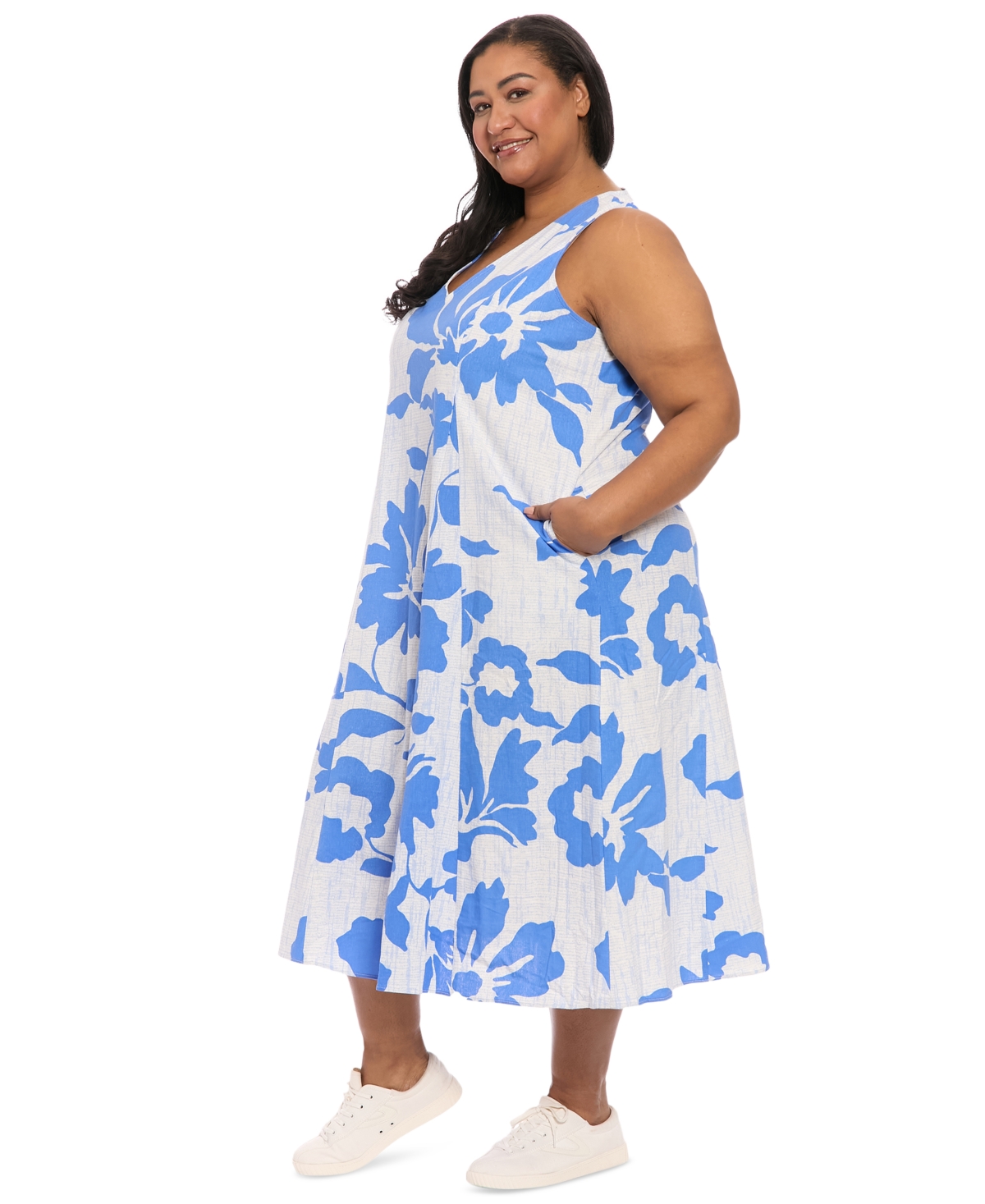 London Times Plus Size V-neck Sleeveless Midi Dress
