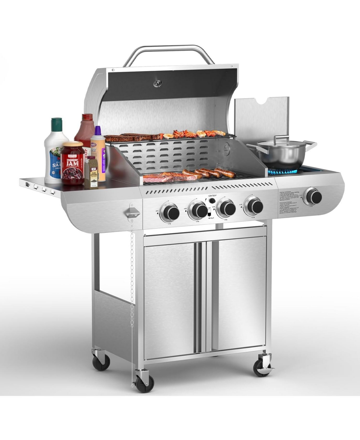 Gas Grill,Heavy-Duty Stainless Steel Bbq Grill,4 Burner Gas Grill with Side Burner,42000 Btu Propane Gas Grill for Outdoor Cooking,Barbecue,Gar