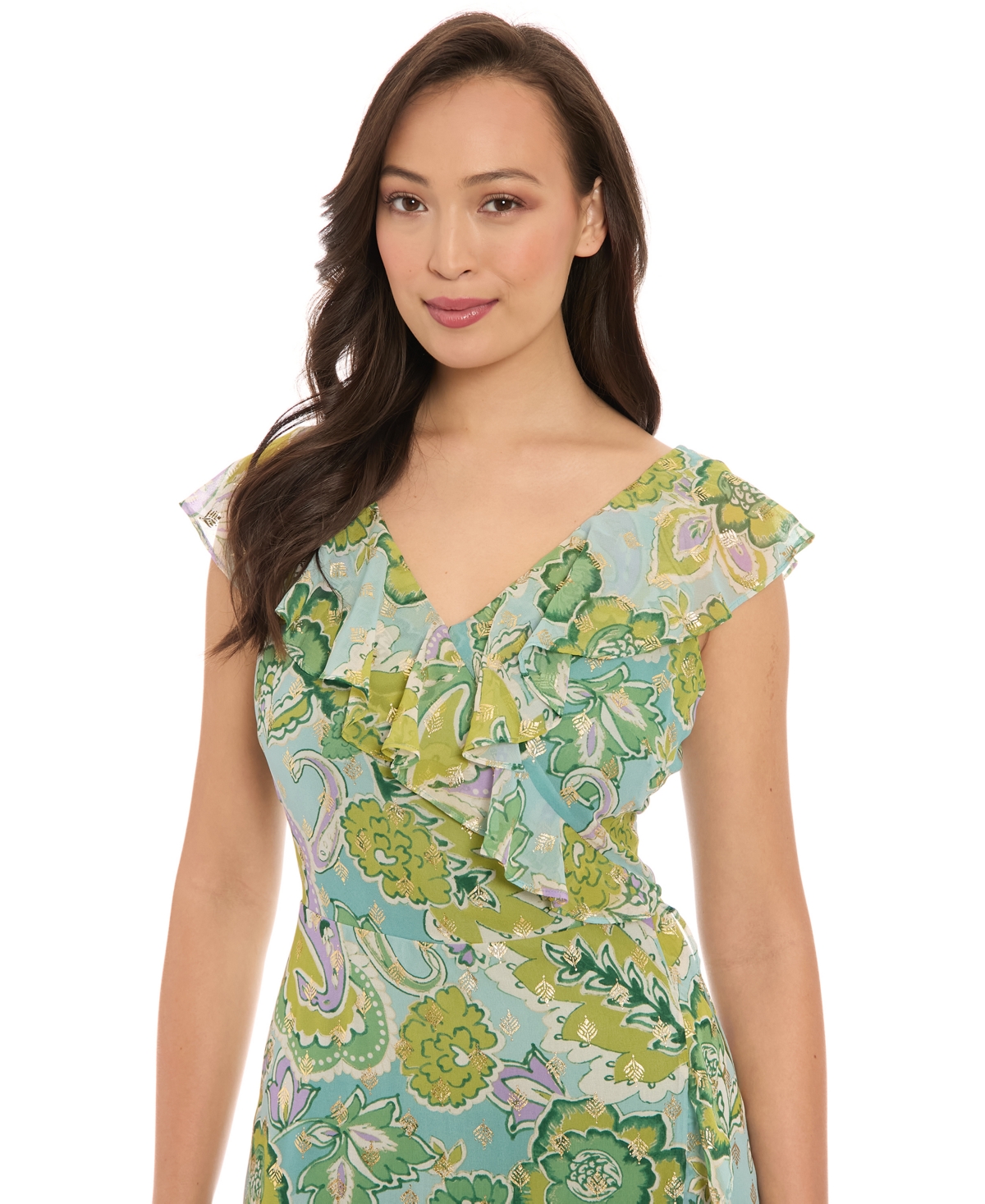 London Times Petite Faux-wrap Ruffle-trim Midi Dress