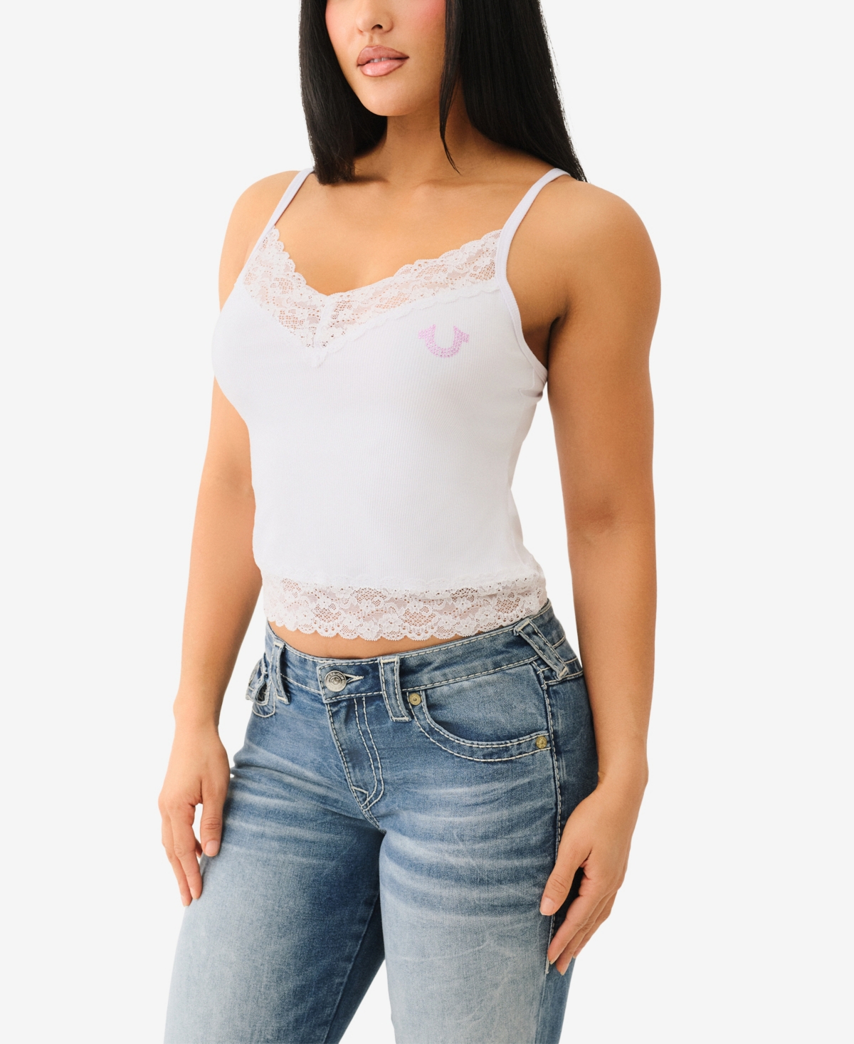 TRUE RELIGION WOMEN'S SLEEVELESS CRYSTAL EMBROIDERY LACE TANK TOP 