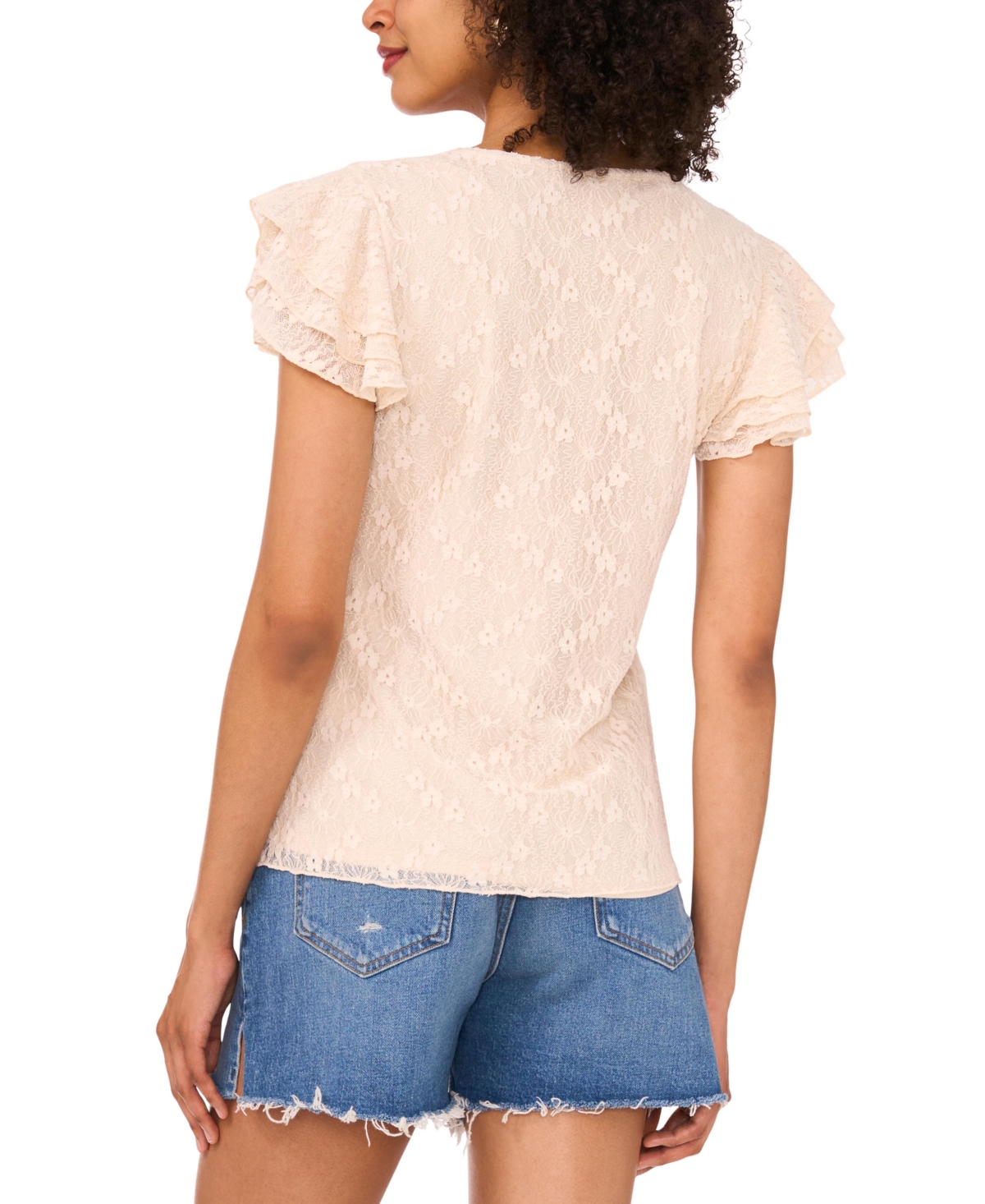 Vince Camuto Women's Ruffled-sleeve V-neck Lace Top In Neutral