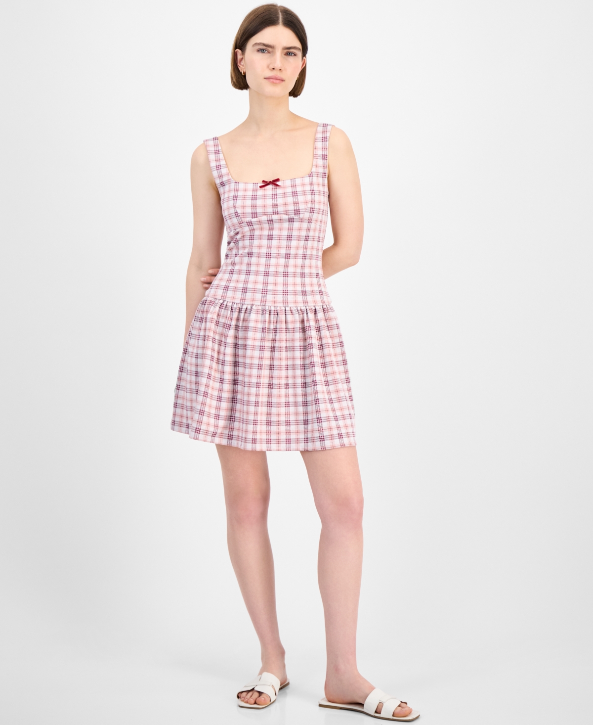 Juniors' Plaid Drop-Waist Mini Dress - Whisper White/Ballet Slipper