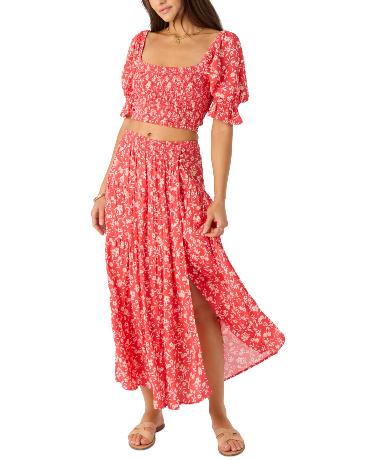 Juniors' Luciana Printed Smocked-Waist Tiered Skirt - Cayenne