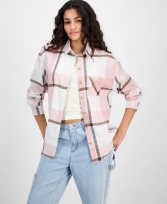 Just Polly - Juniors' Girlfriend Frayed-Hem Plaid Top