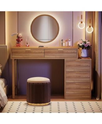 Modern Vanity Desk with Storage,Makeup Vanity Desk with 5 Drawers,(Without Mirror), Walnut Brown