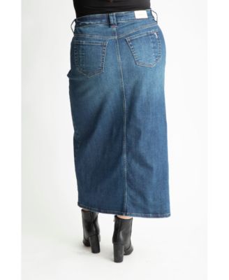Plus Size Denim Maxi Skirt in 37"length with front slit - Brielle