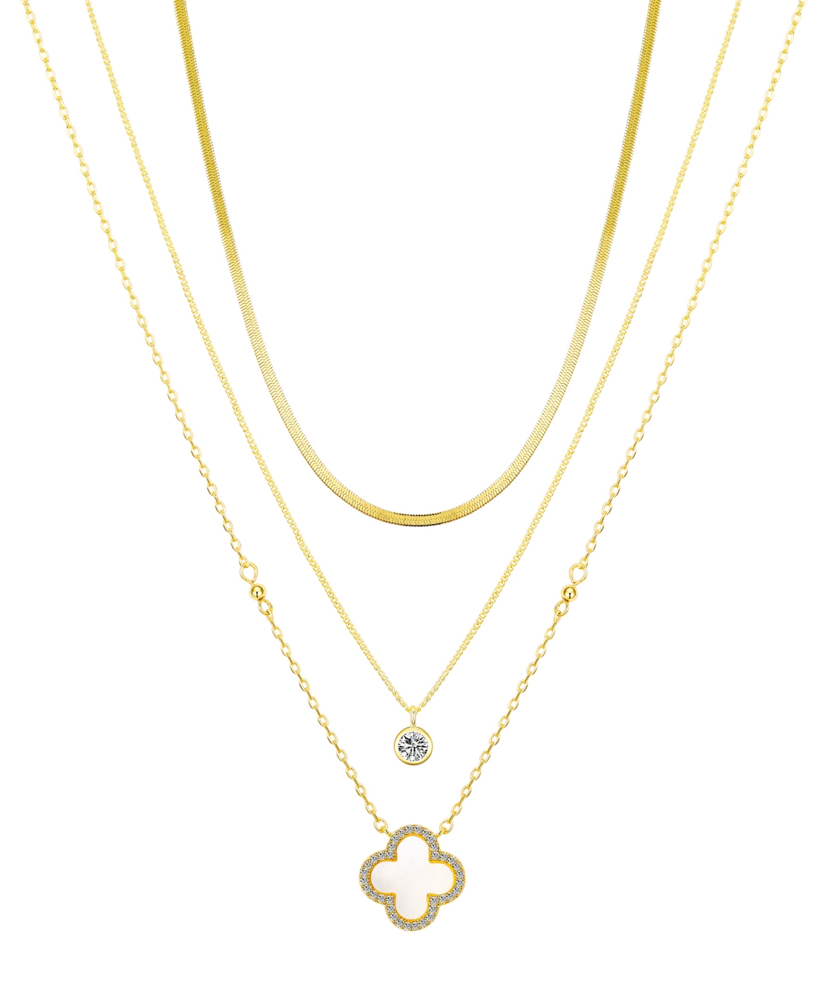 Cubic Zirconia and Mother of Pearl Clover Necklace Set - Gold