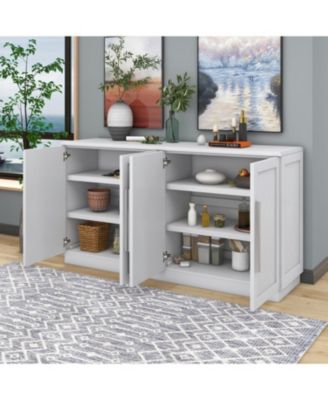 White Sideboard Cabinet with 4 Doors, Adjustable Shelves, and Silver Handles