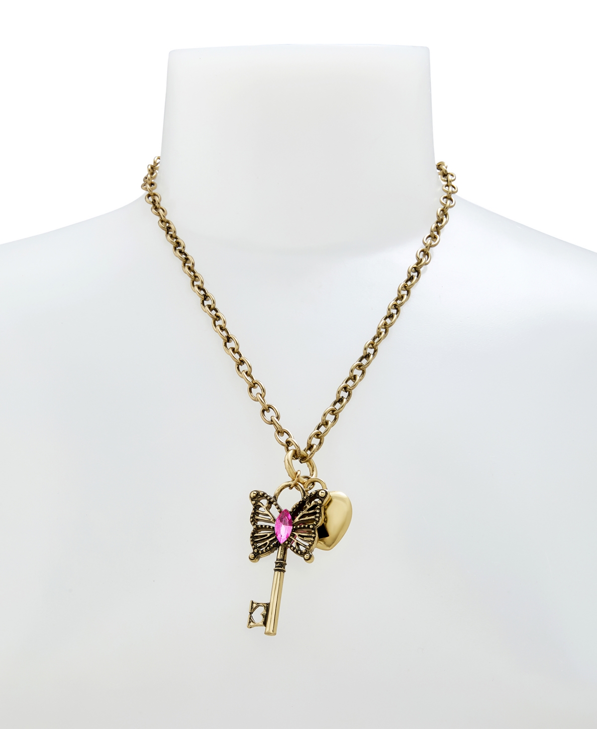 Betsey Johnson Faux Stone Boho Butterfly Key Charm Pendant Necklace In Pink,antique Brass