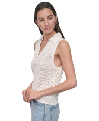 Women's Lacey Stitch Collared Sleeveless Sweater