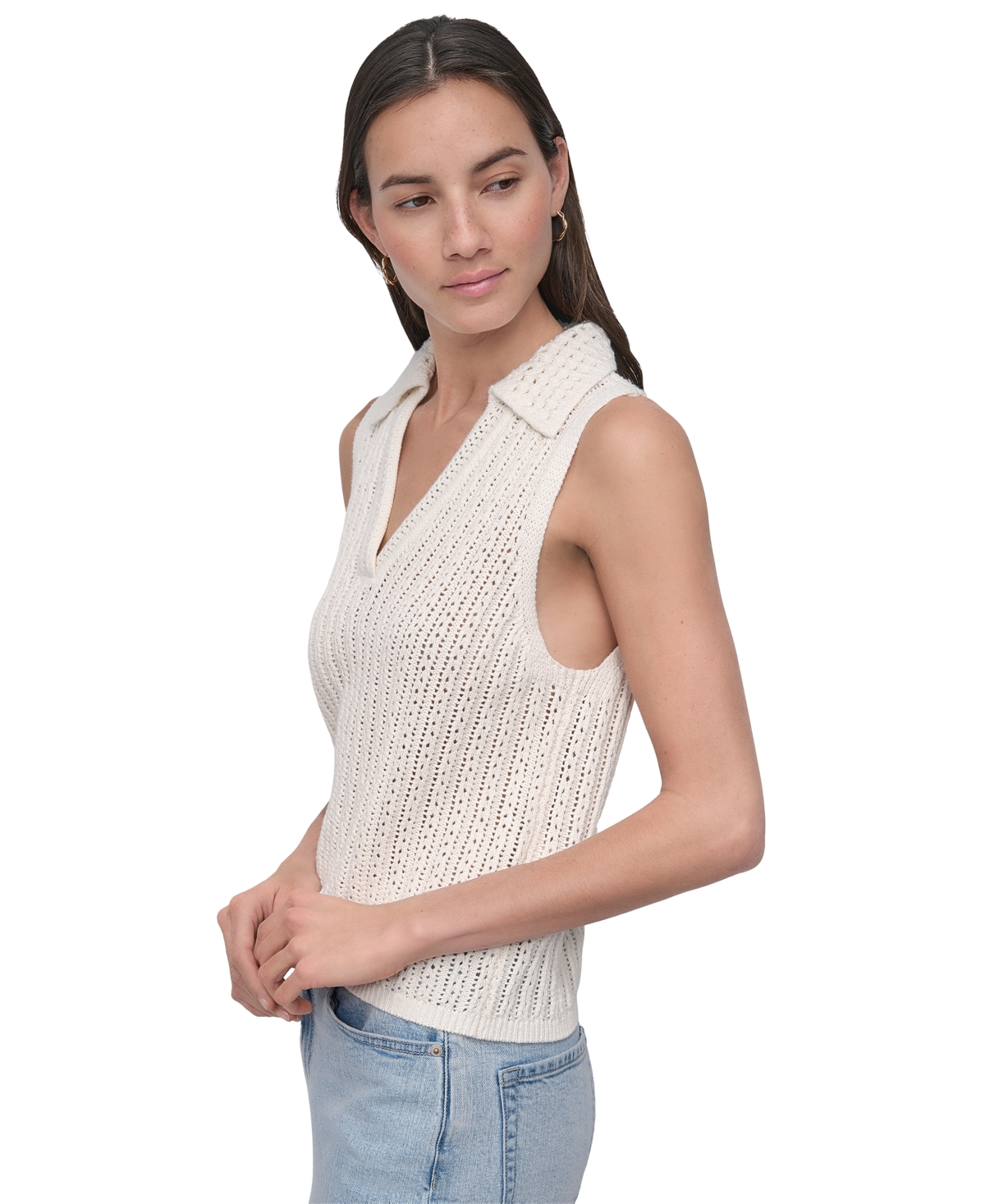 DKNY JEANS WOMEN'S LACEY STITCH COLLARED SLEEVELESS SWEATER 