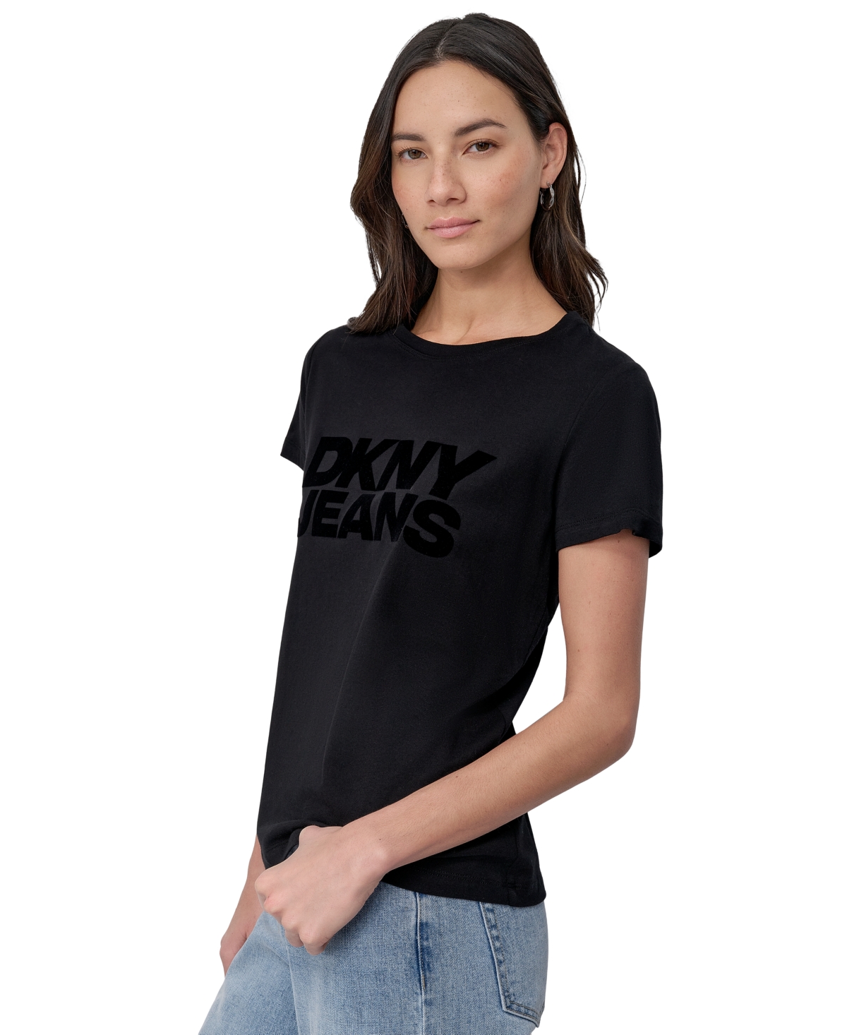 DKNY JEANS WOMEN'S FLOCKED LOGO CREWNECK T-SHIRT 