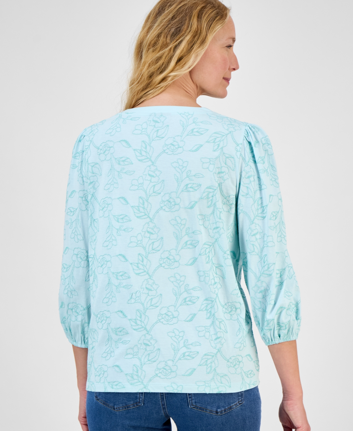Style & Co Women's 3/4 Sleeve V-neck Floral-embroidered Top