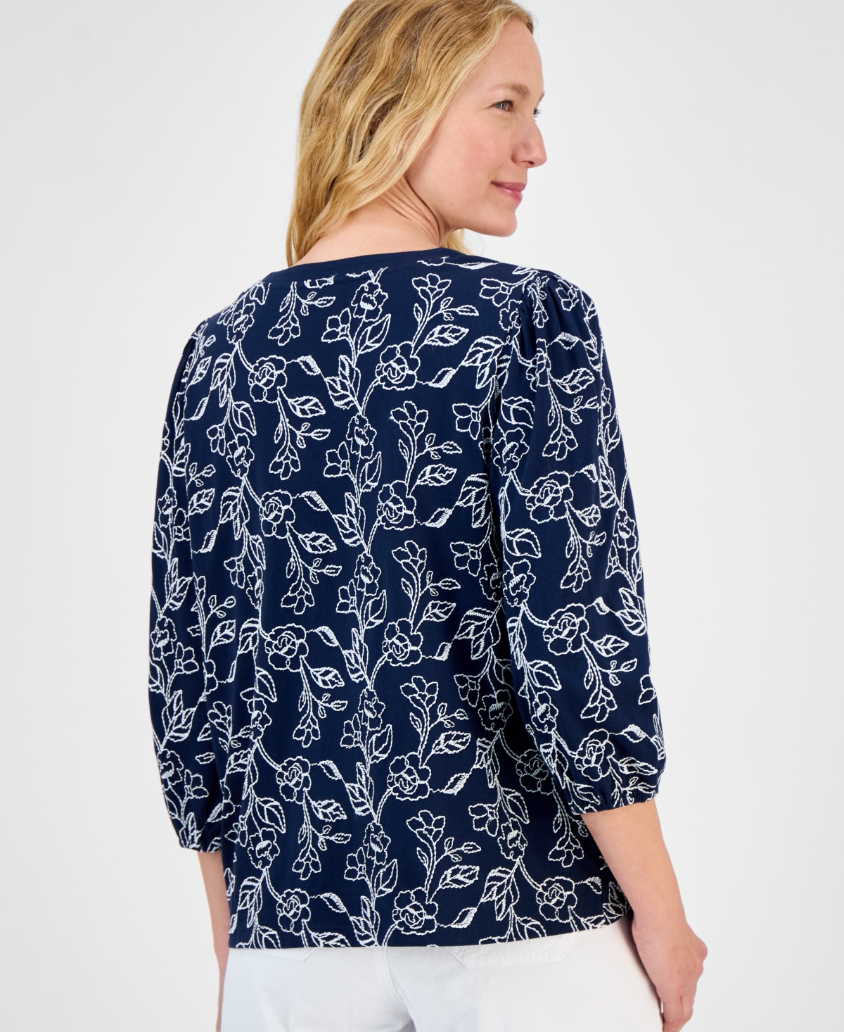 Style & Co Women's 3/4 Sleeve V-neck Floral-embroidered Top, Exclusively At Macy's