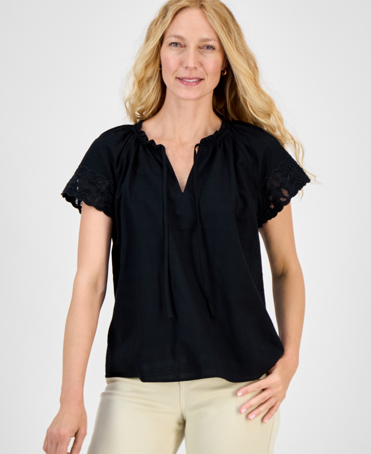 Style & Co Petite Mesh-trim Ruffled-cuff Top, Created For Macy's