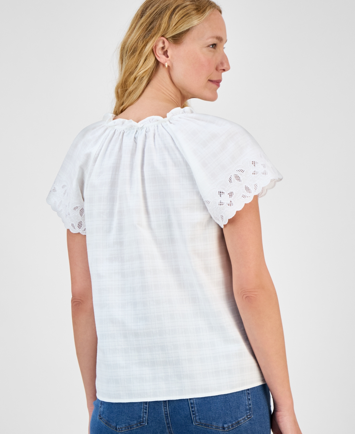 Style & Co Women's Embroidered Cotton Flutter-sleeve Top, Exclusively At Macy's