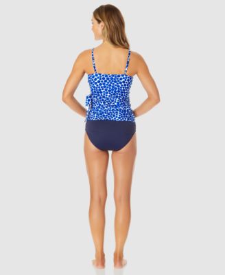 ANNE COLE WOMENS DENIM DOT WRAP TIE TANKINI TOP HIGH WAIST BIKINI BOTTOMS 