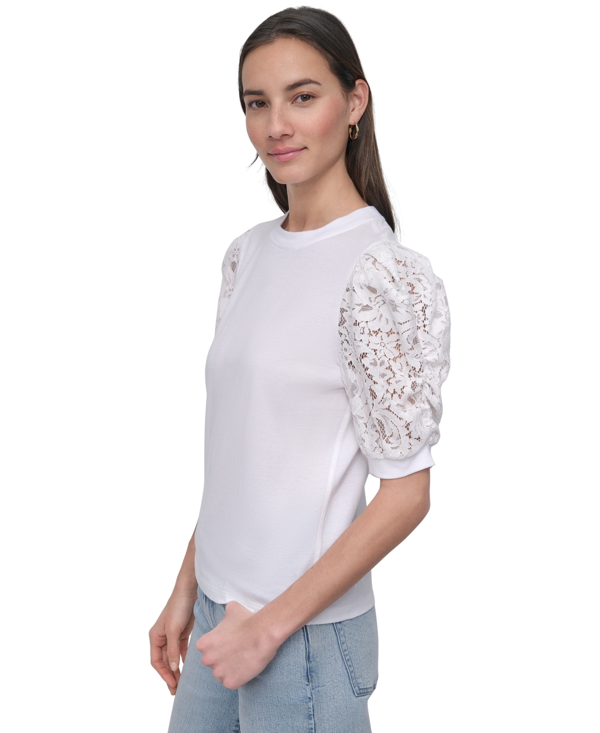 DKNY JEANS WOMEN'S MIXED MEDIA LACE-SLEEVE TOP 